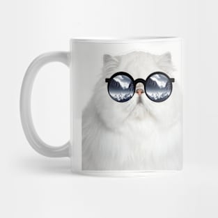 A white cat wearing glasses Mug